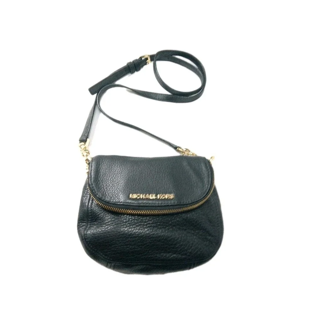 Michael Kors Bedford Flap Crossbody Bag Black Pebbled Leather Purse